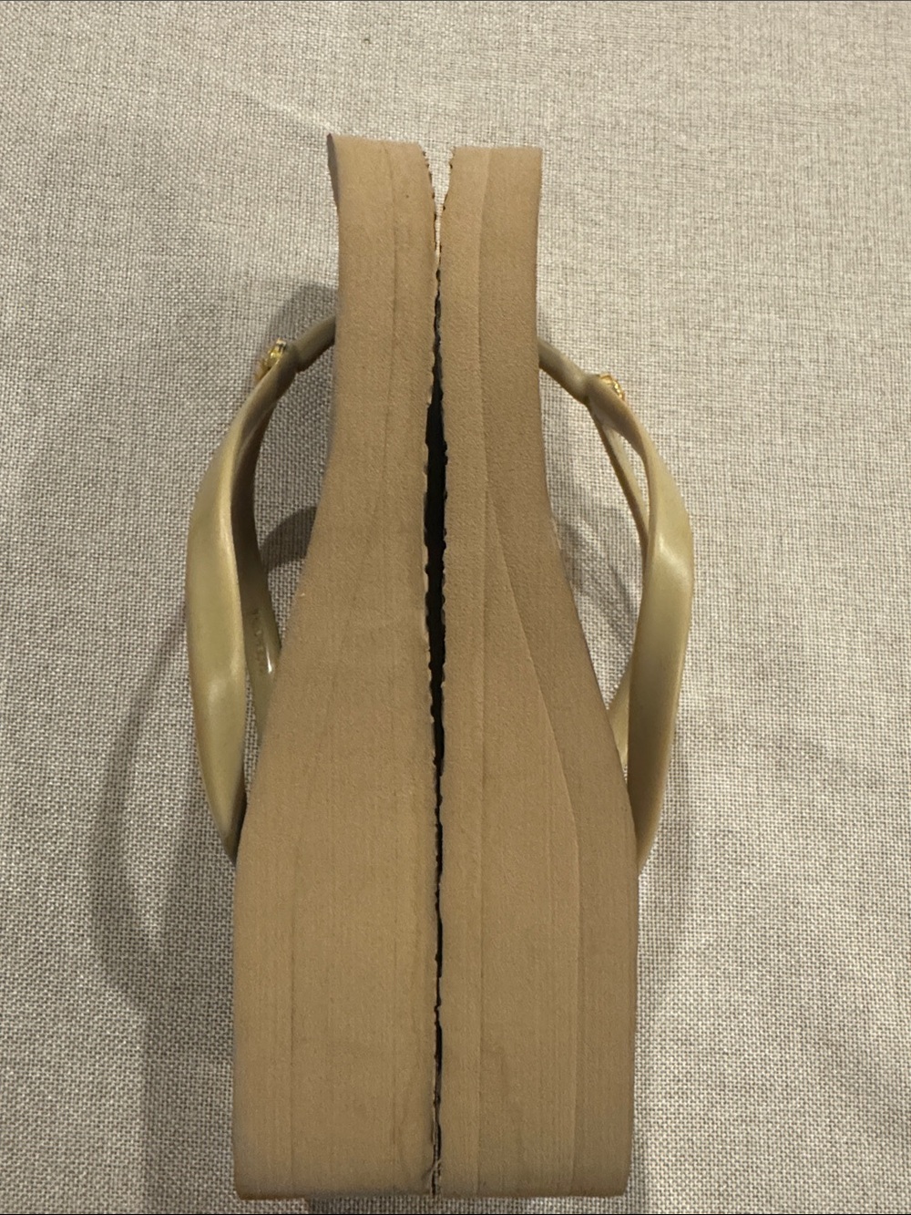 Tory Burch Taupe and Gold Logo Flip Flop Mini Wedge Sandals Size 7 - Picture 7 of 8
